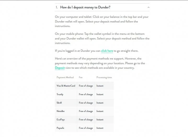 Dunder Casino payment methods